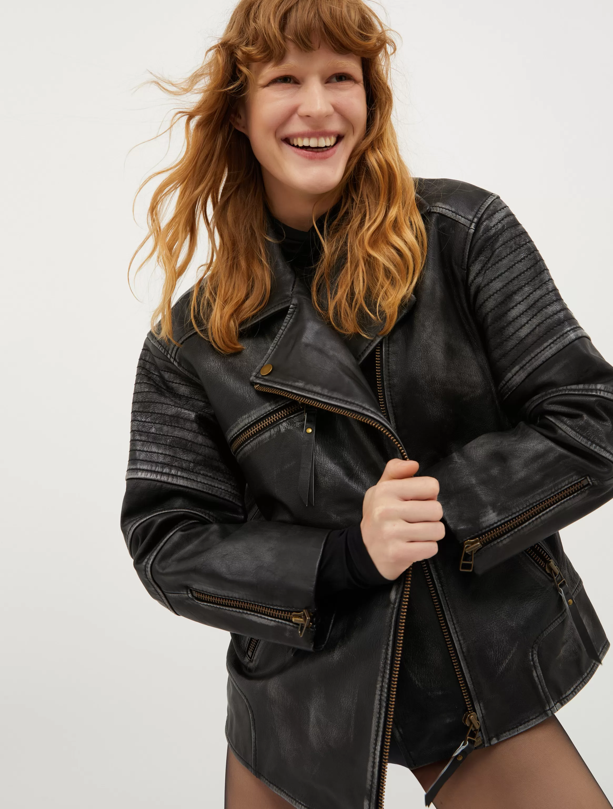 Oversized aged-leather biker jacket*Max&Co Cheap